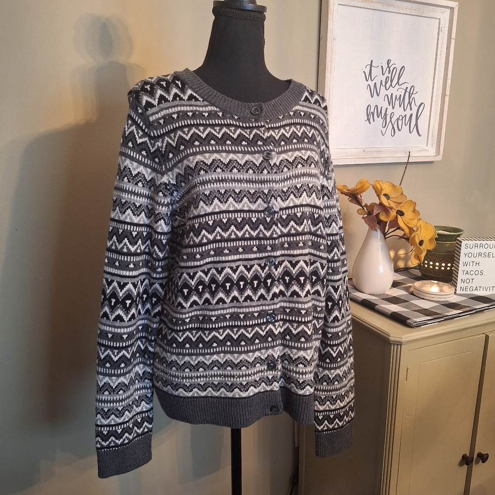 Talbots Lambswool Blend Black & White Cardigan Crystal Gem Details L